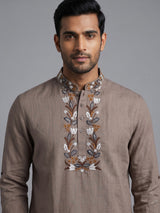 Brown cotton linen embroidered men short kurta