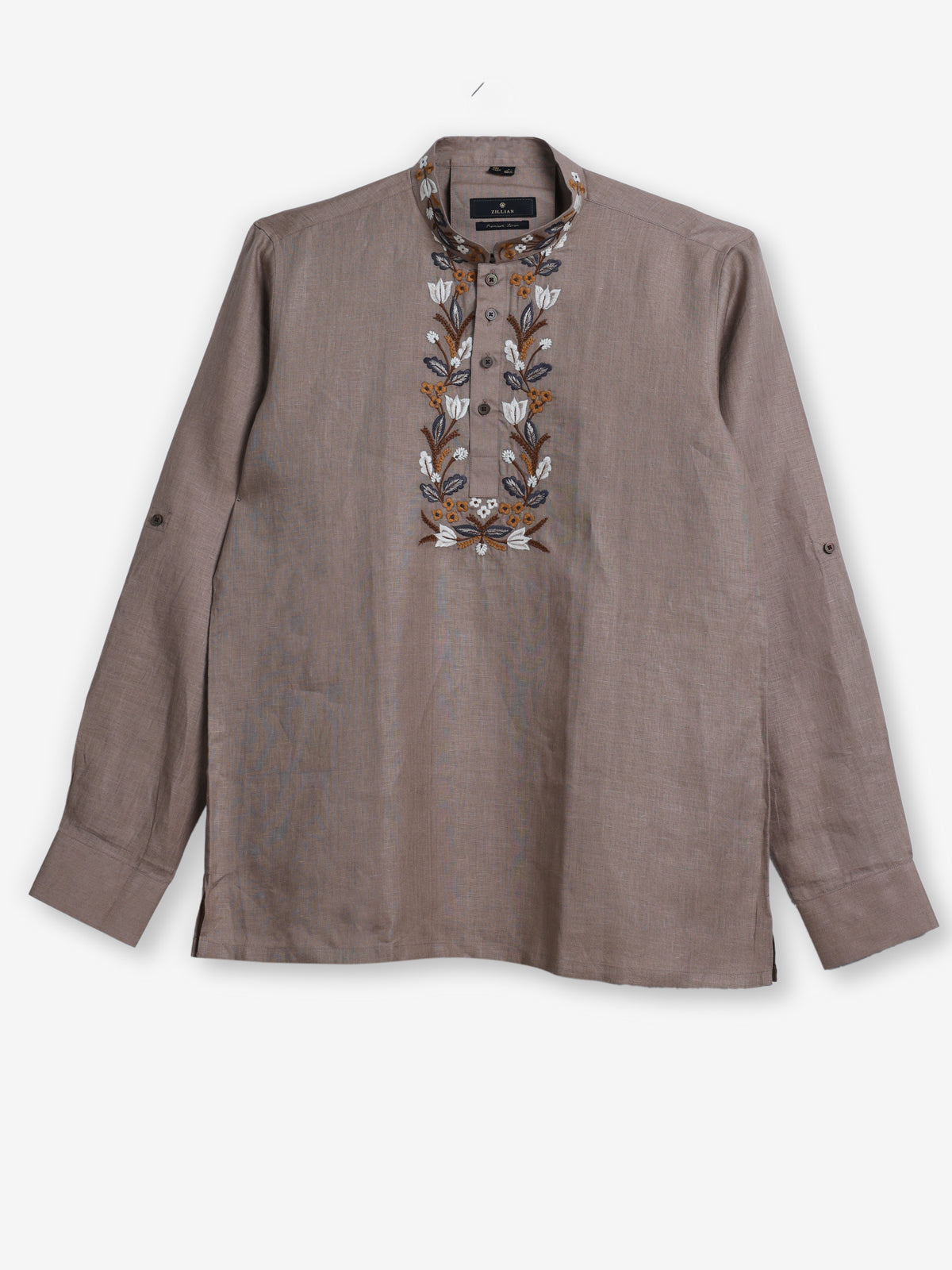 Brown cotton linen embroidered men short kurta