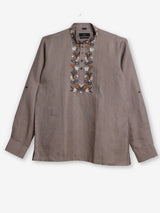 Brown cotton linen embroidered men short kurta