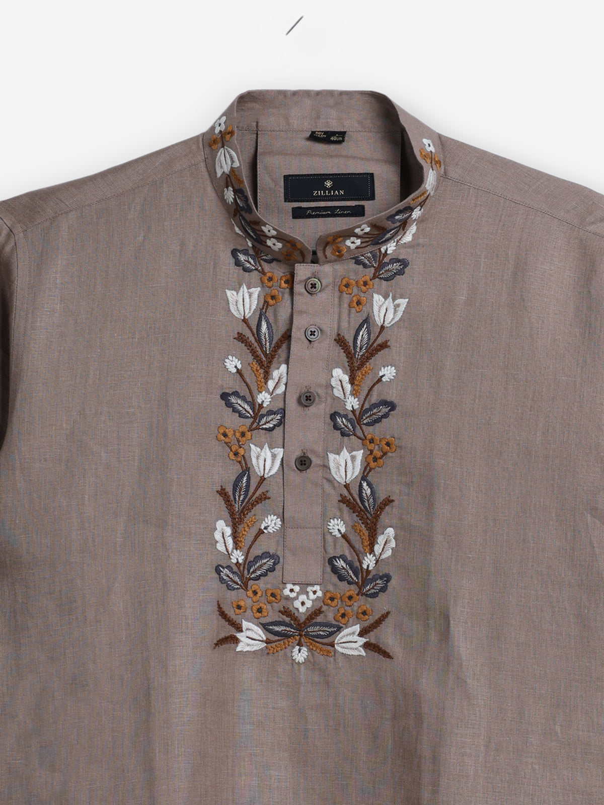 Brown cotton linen embroidered men short kurta