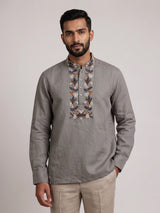 Grey cotton linen embroidered men short kurta