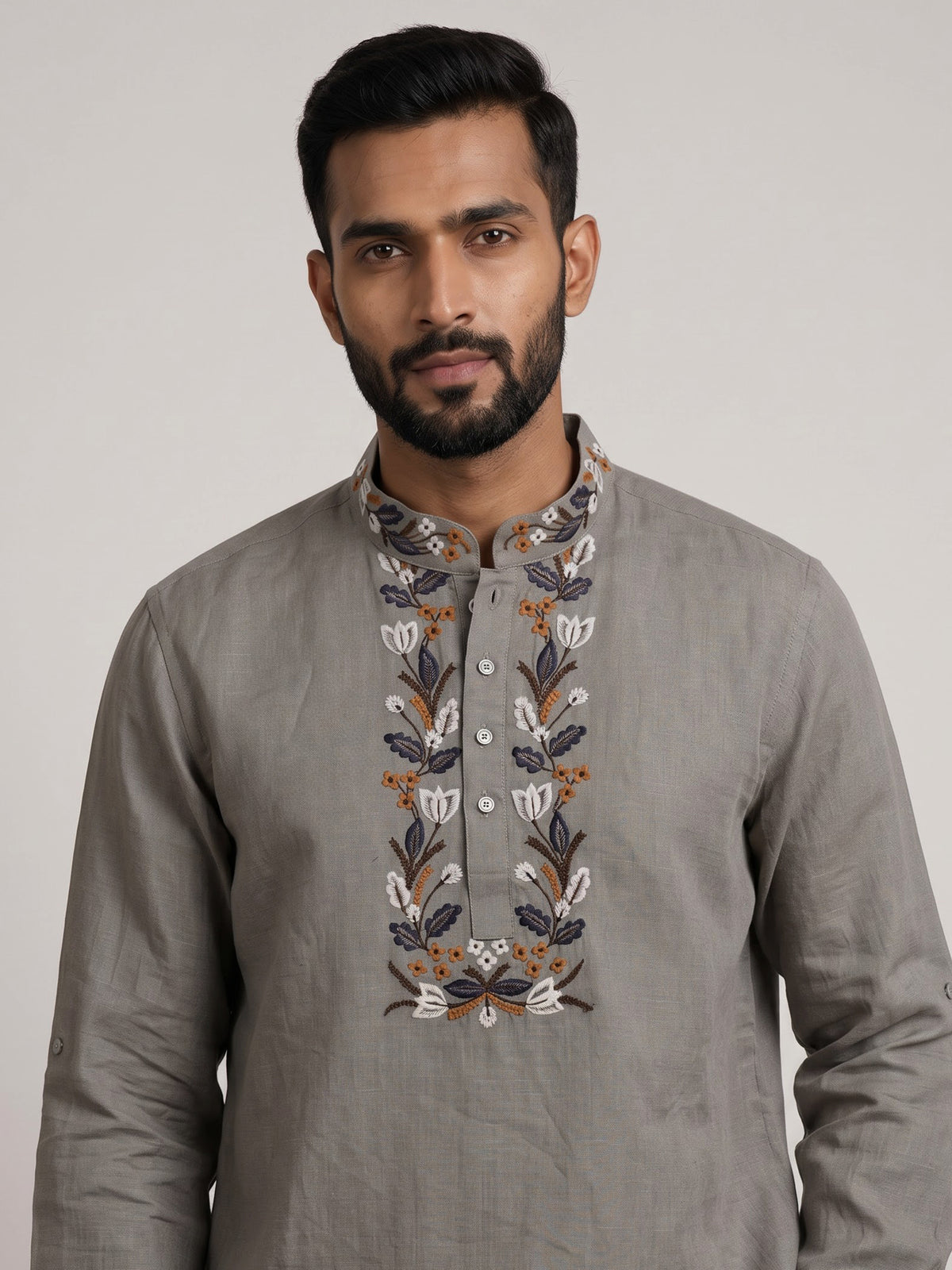 Grey cotton linen embroidered men short kurta