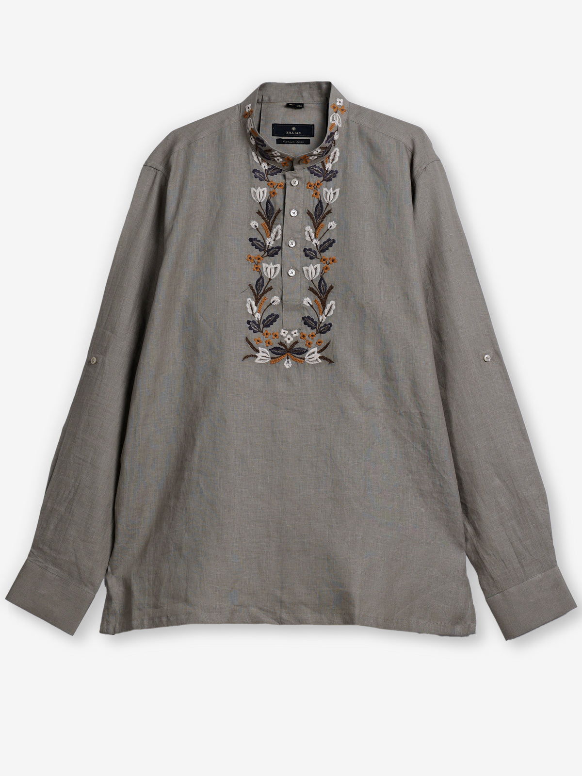 Grey cotton linen embroidered men short kurta