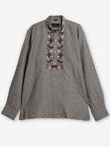 Grey cotton linen embroidered men short kurta