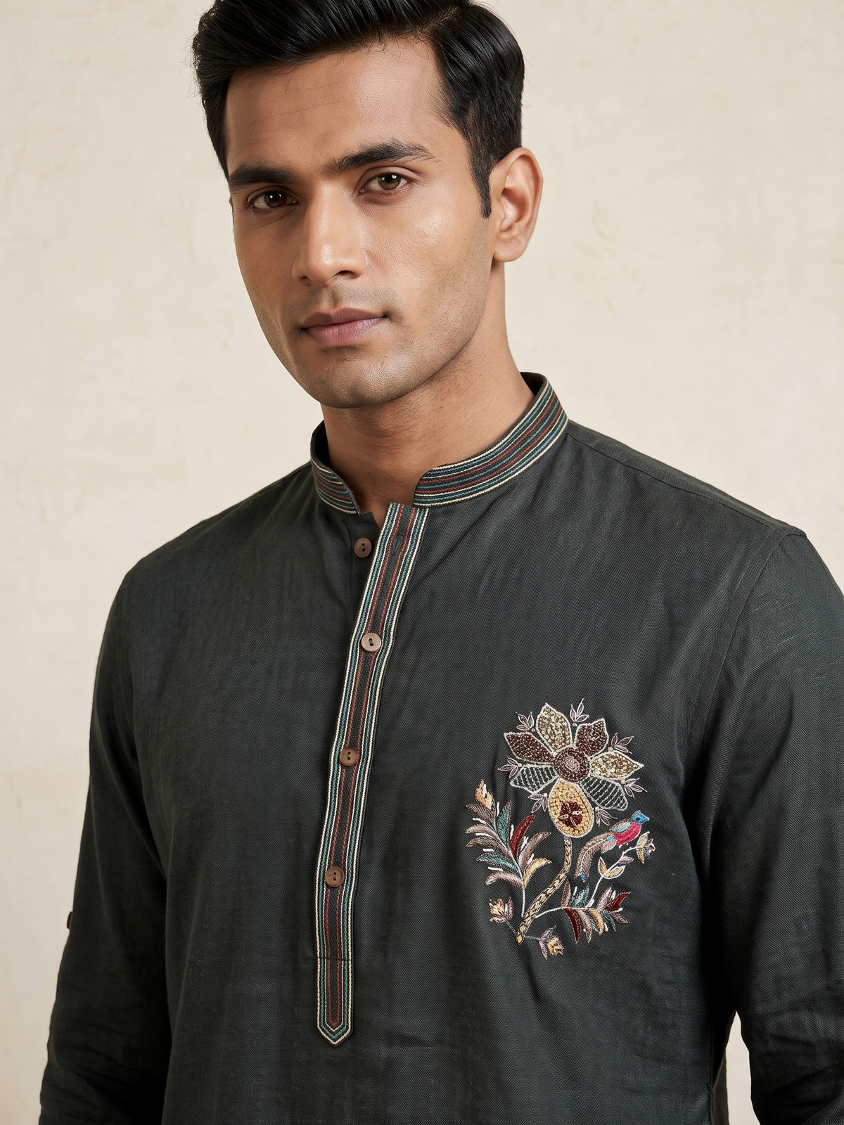 Bottle green cotton silk embroidered men festive kurta