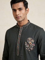 Bottle green cotton silk embroidered men festive kurta