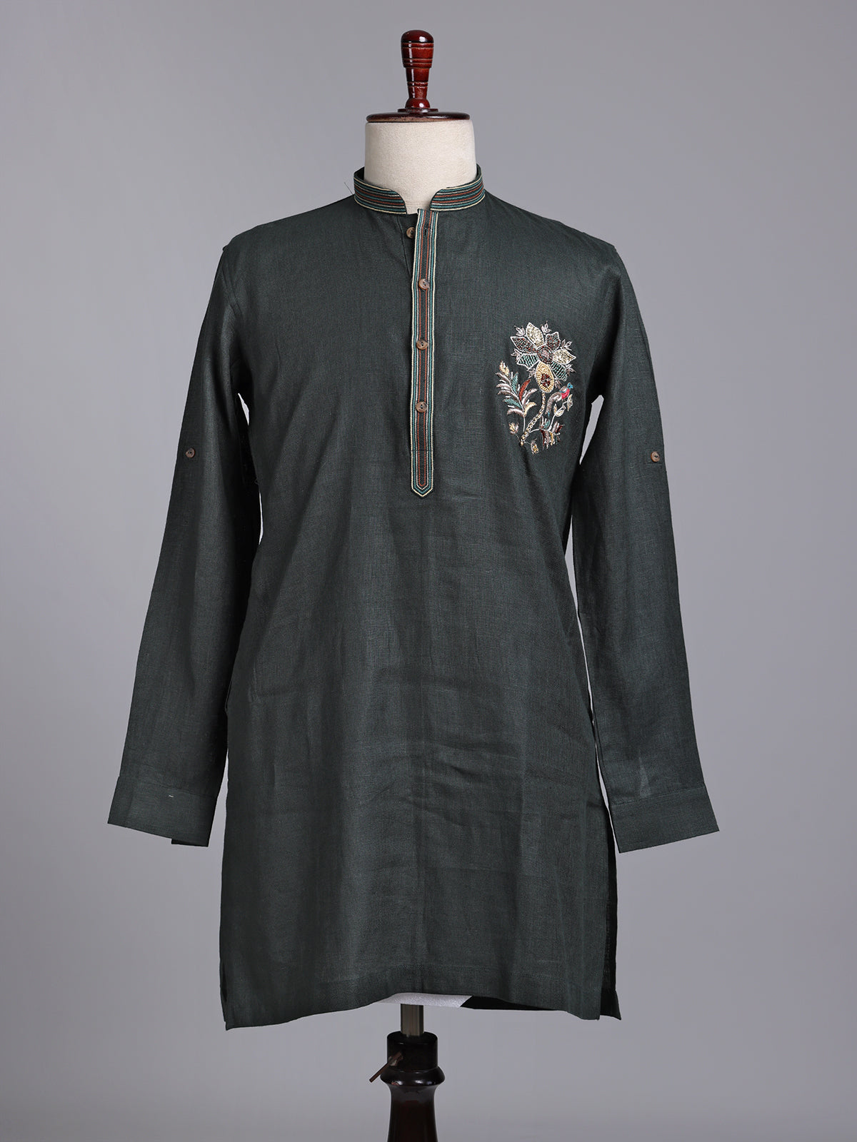 Bottle green cotton silk embroidered men festive kurta