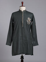 Bottle green cotton silk embroidered men festive kurta