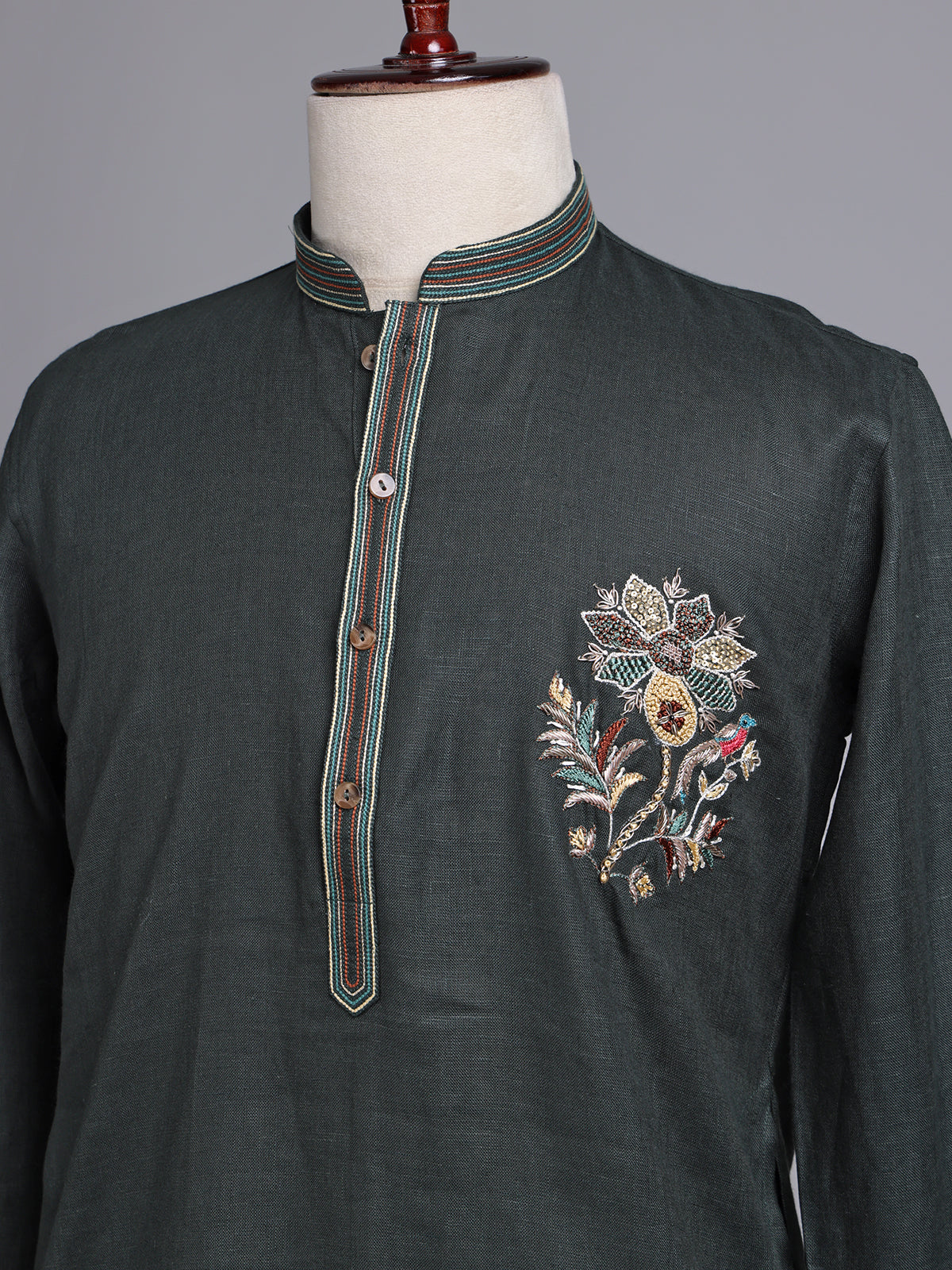Bottle green cotton silk embroidered men festive kurta
