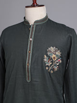 Bottle green cotton silk embroidered men festive kurta