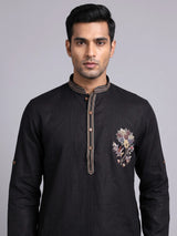 Black cotton silk embroidered men festive kurta