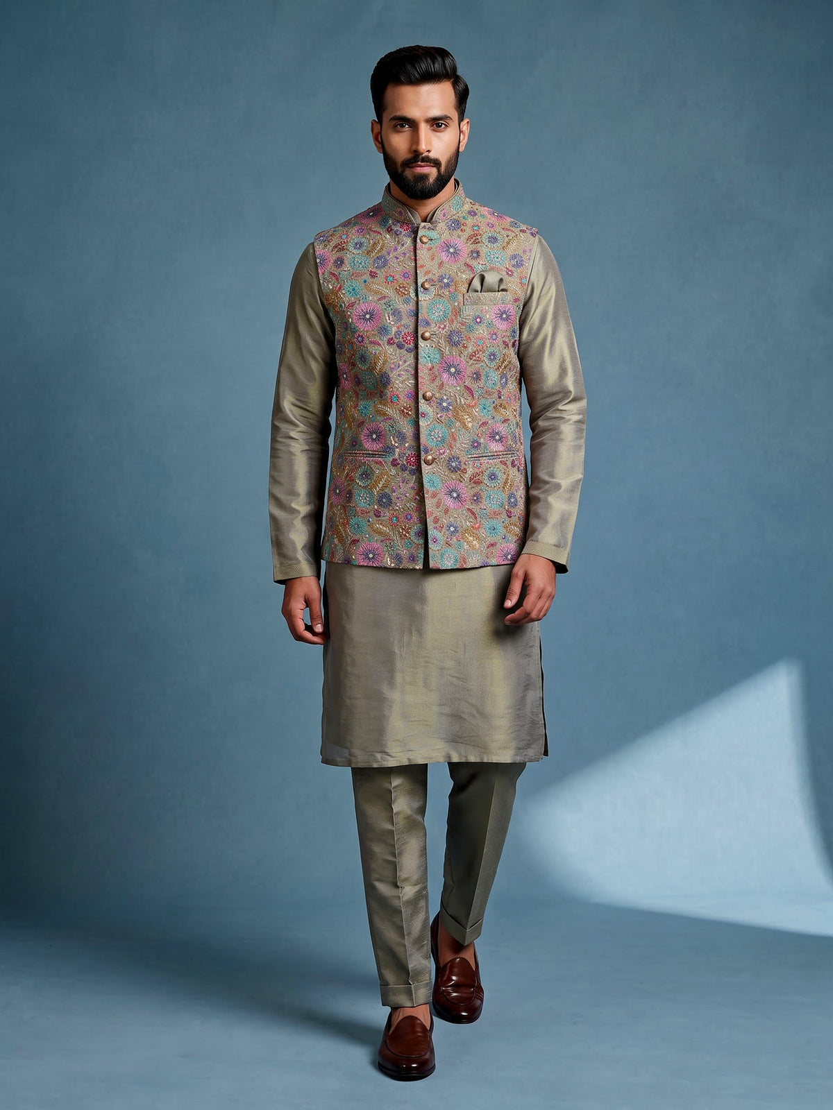 Olive regal floral embroidered men nehru waistcoat set