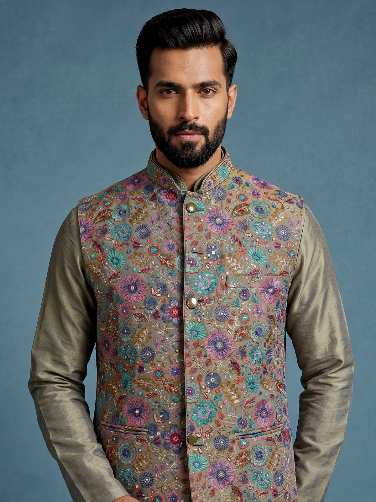 Olive regal floral embroidered men nehru waistcoat set