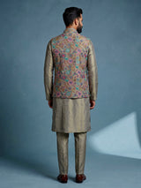 Olive regal floral embroidered men nehru waistcoat set