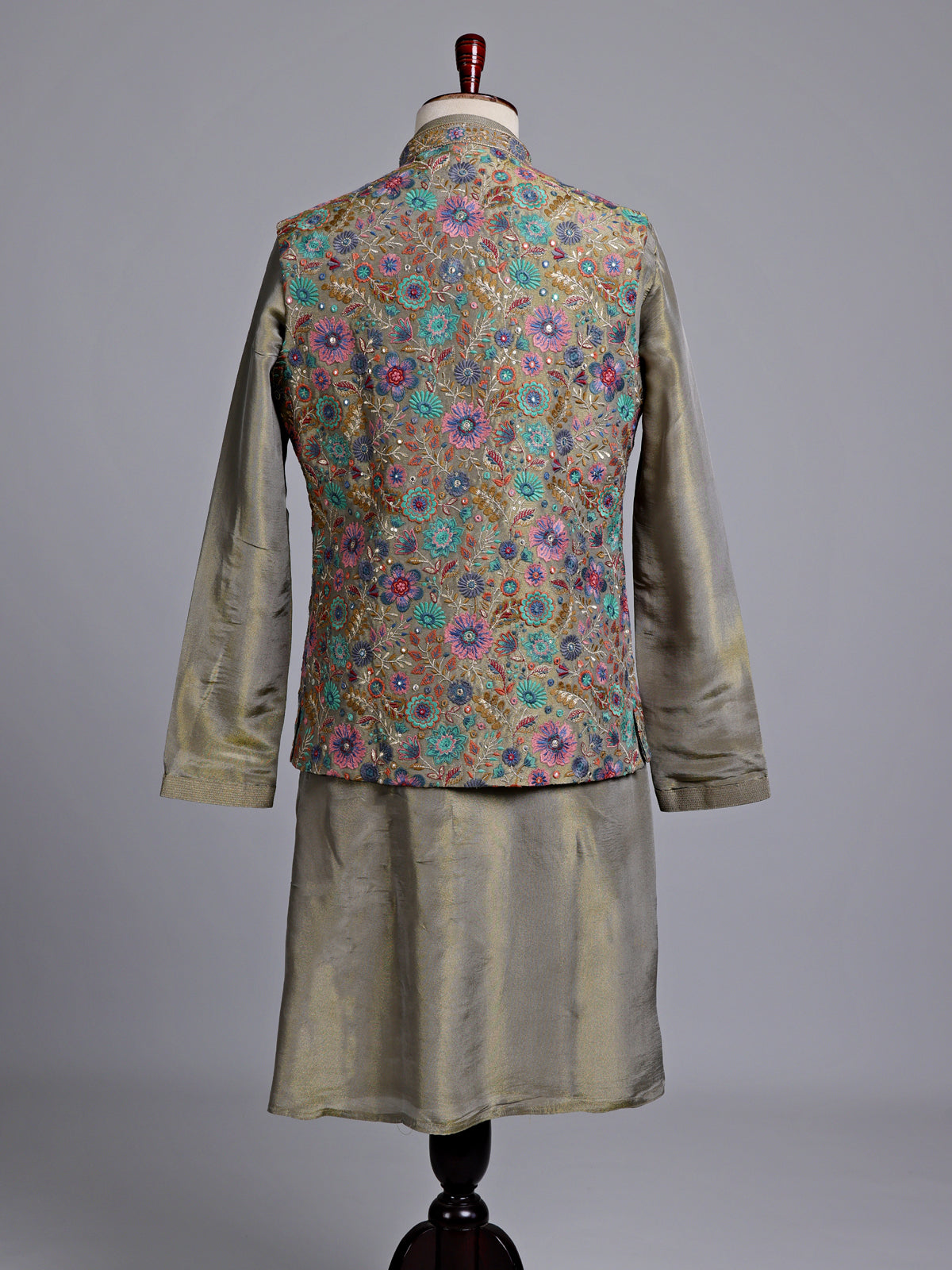 Olive regal floral embroidered men nehru waistcoat set