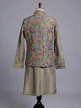 Olive regal floral embroidered men nehru waistcoat set