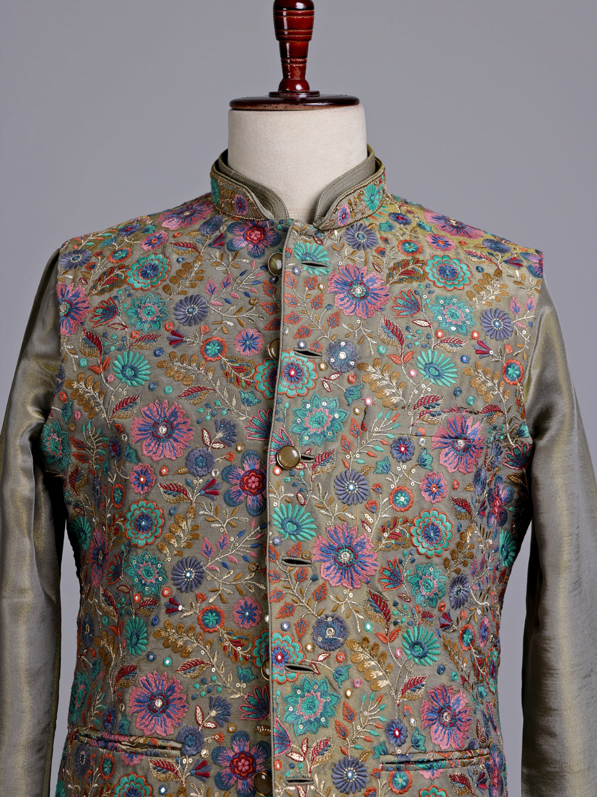 Olive regal floral embroidered men nehru waistcoat set