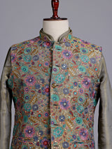 Olive regal floral embroidered men nehru waistcoat set