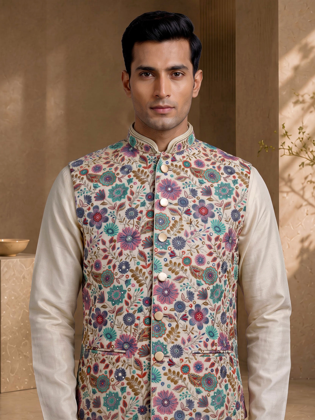 Cream luxury floral embroidered men nehru waistcoat set