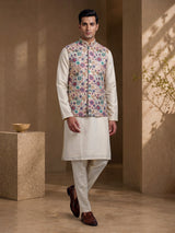 Cream luxury floral embroidered men nehru waistcoat set