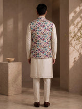 Cream luxury floral embroidered men nehru waistcoat set