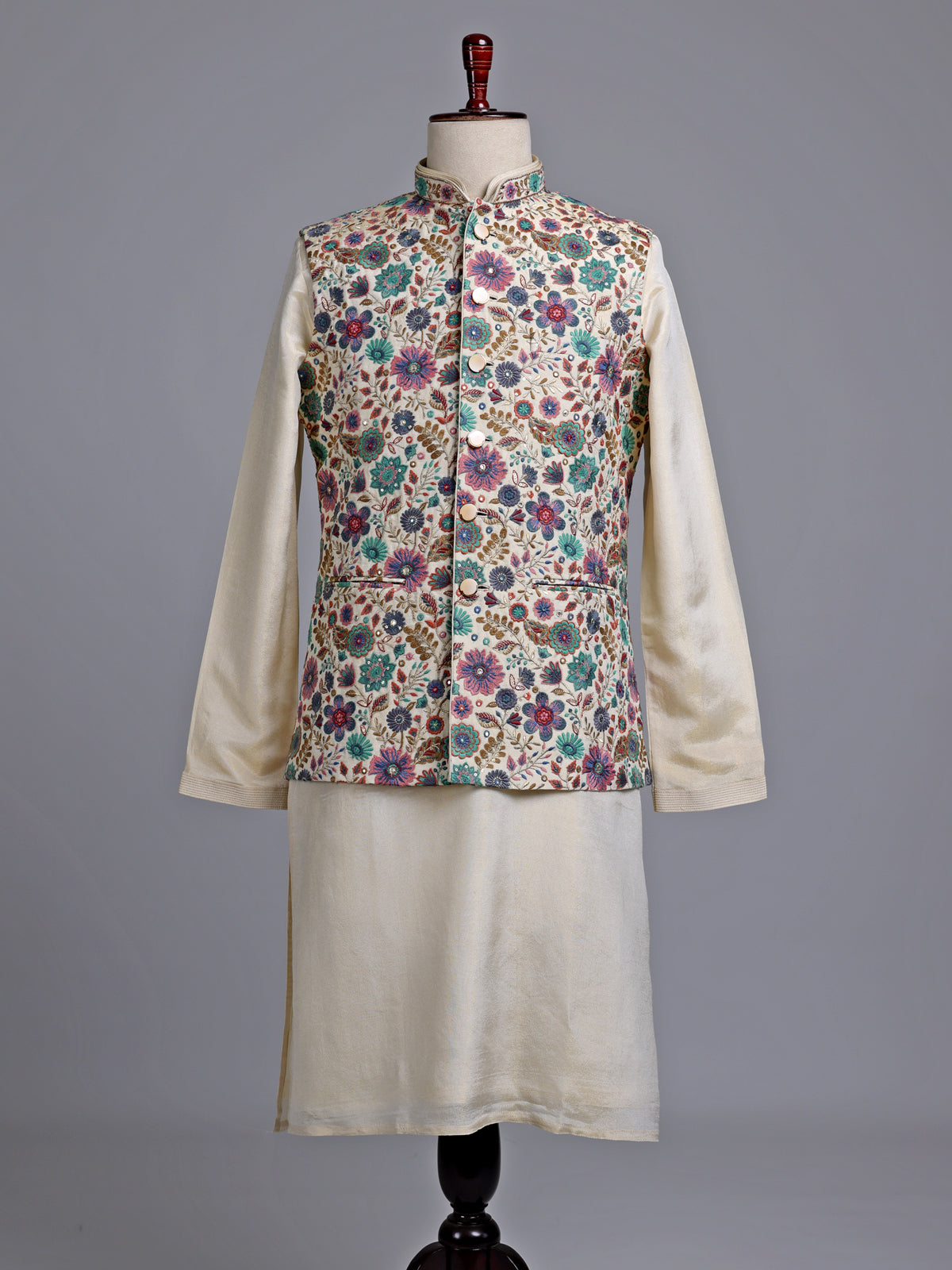 Cream luxury floral embroidered men nehru waistcoat set