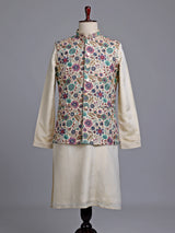 Cream luxury floral embroidered men nehru waistcoat set