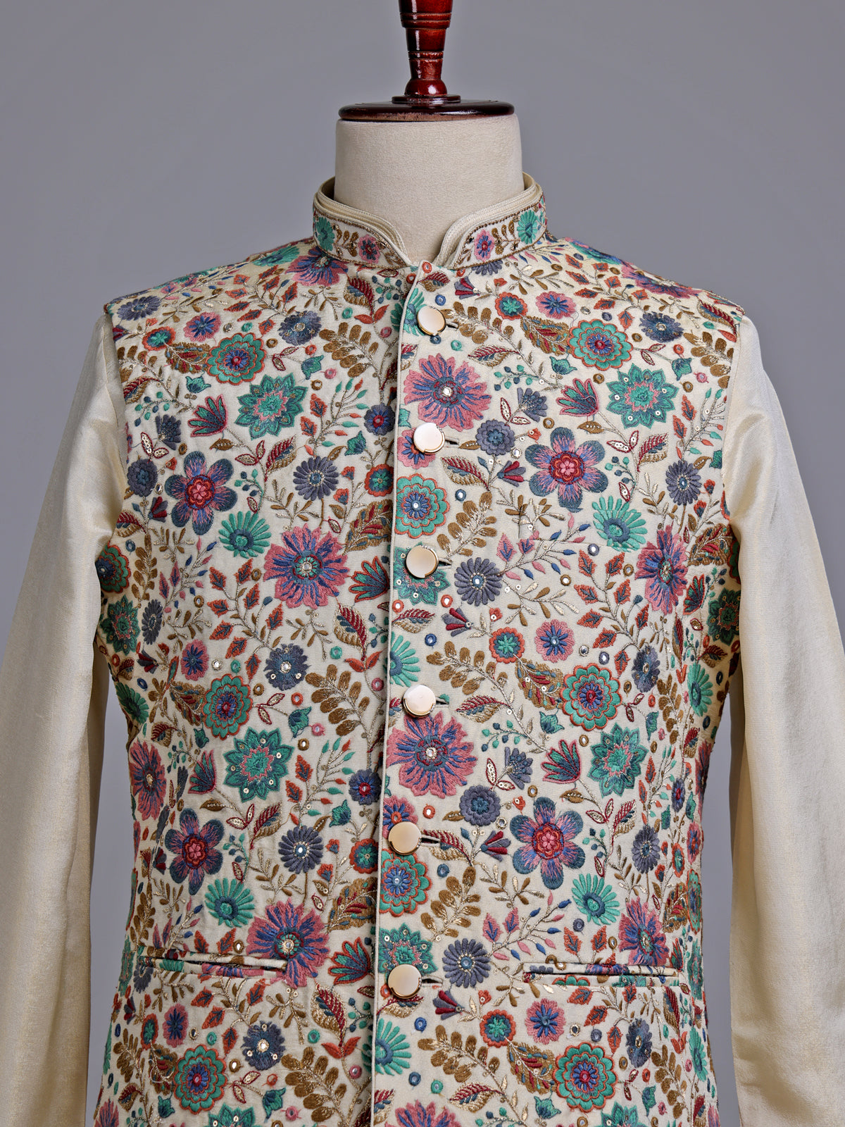 Cream luxury floral embroidered men nehru waistcoat set