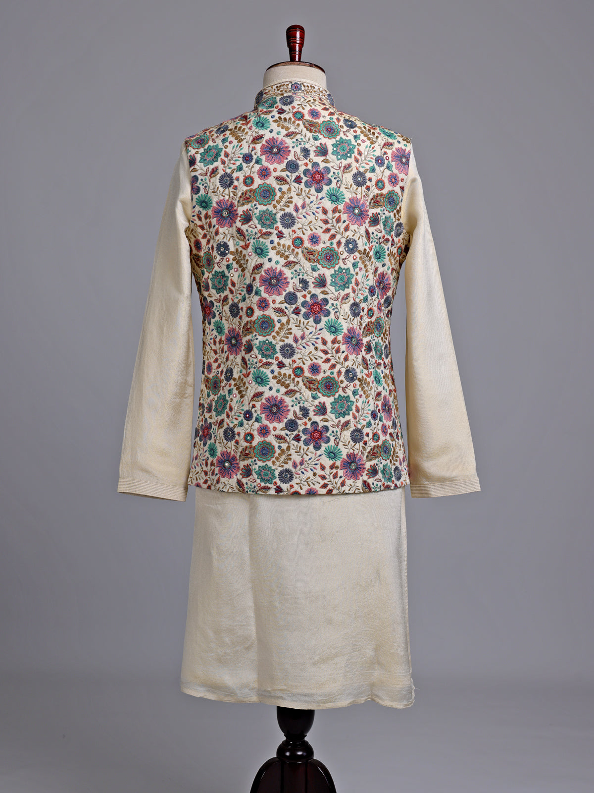 Cream luxury floral embroidered men nehru waistcoat set