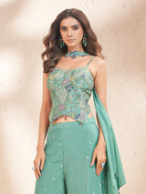 Sea green chiffon georgette palazzo suit with embellished dupatta