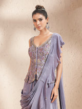 Lilac purple chinon crepe silk indowestern suit with dupatta