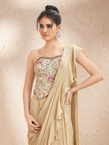 Beige chinon crepe silk indowestern suit with attached dupatta
