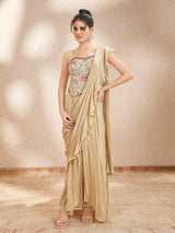 Beige chinon crepe silk indowestern suit with attached dupatta
