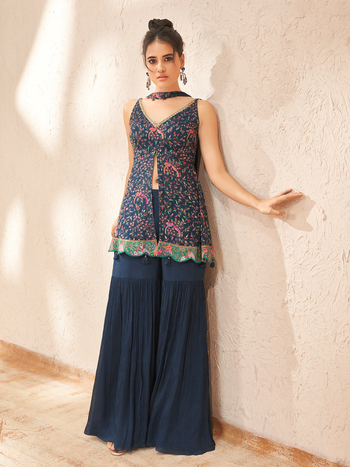 Elegant blue chiffon georgette sharara suit with floral motifs