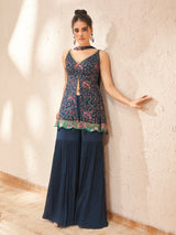 Elegant blue chiffon georgette sharara suit with floral motifs