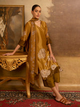 Mustard olive cotton silk women kurti set with floral print
