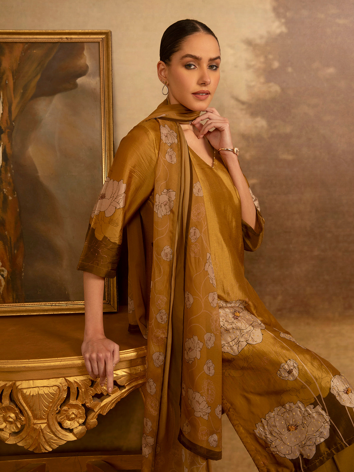 Mustard olive cotton silk women kurti set with floral print