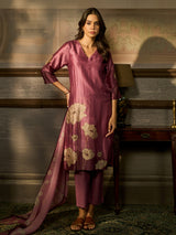 Onion pink cotton silk women kurti set with printed
