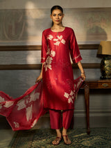 Red printed cotton silk women kurti set with floral motifs
