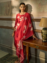 Red printed cotton silk women kurti set with floral motifs
