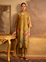 Mustard mehendi cotton silk women kurti set with botanical print