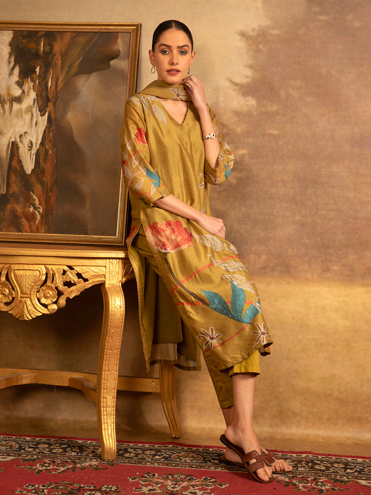 Mustard mehendi cotton silk women kurti set with botanical print