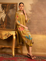 Mustard mehendi cotton silk women kurti set with botanical print