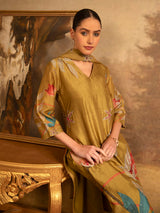 Mustard mehendi cotton silk women kurti set with botanical print