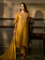 Mustard yellow cotton blend women kurti set with floral embroidery