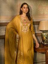 Mustard yellow cotton blend women kurti set with floral embroidery