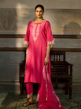 Rani pink cotton blend women kurti set with lace