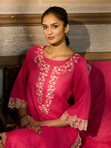 Rani pink cotton blend women kurti set with lace