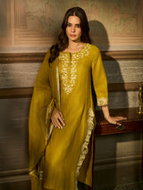 Mehendi green cotton blend women kurti set with embroidery