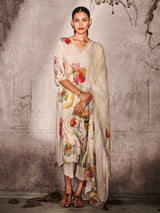 Cream printed cotton linen women kurti set with dupatta